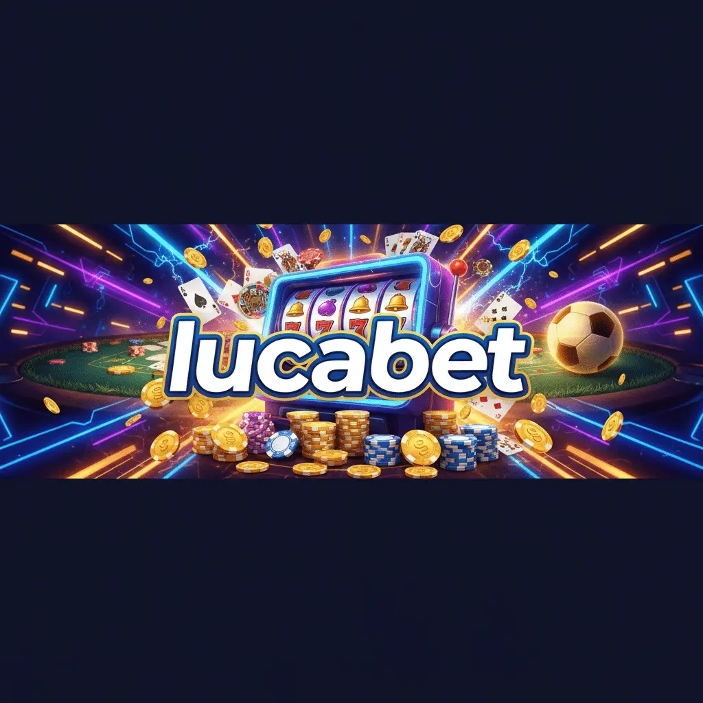 กราฟิกสี่เหลี่ยมจัตุรัส แสดงชื่อแบรนด์ lucabet พร้อมไพ่ ชิป และเหรียญบนพื้นหลังสีน้ำเงินเข้ม