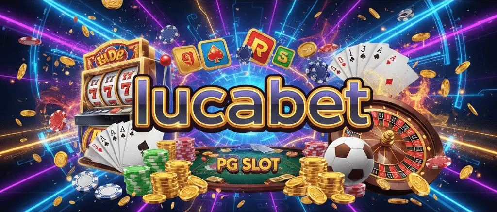 กราฟิกชื่อแบรนด์ lucabet พร้อมชิปและไพ่บนพื้นหลังนีออน