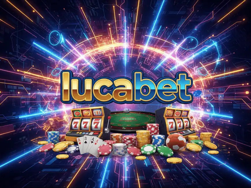 กราฟิกโต๊ะรูเล็ตและกองชิปพร้อมชื่อแบรนด์ lucabet บนพื้นหลังนีออน