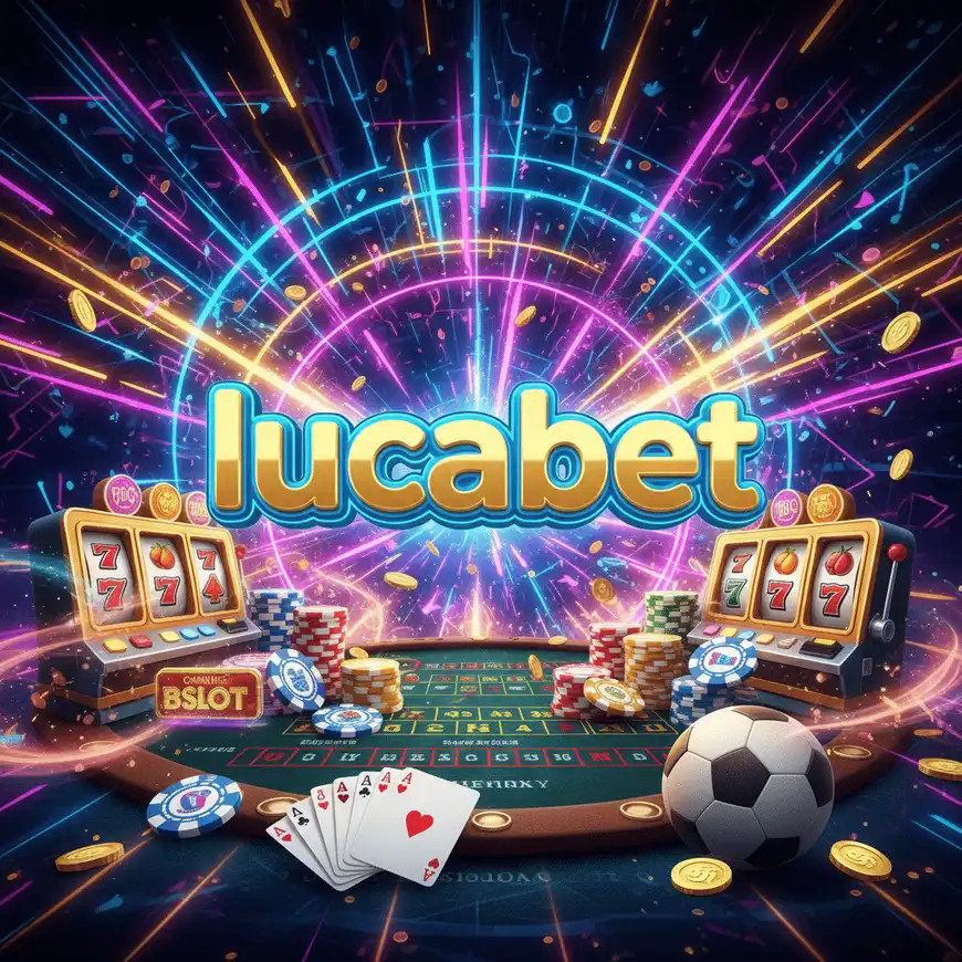 กราฟิกตู้สล็อตหลายตู้และชิปพร้อมชื่อแบรนด์ lucabet
